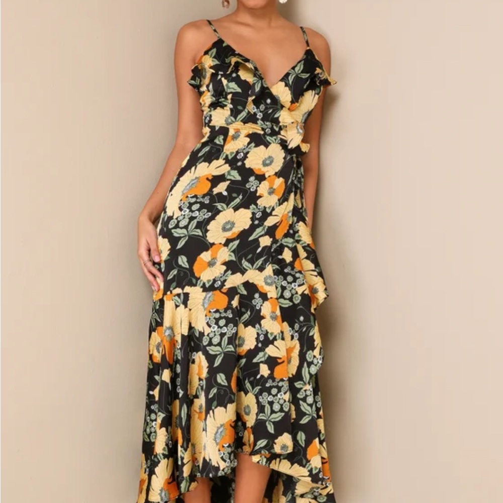 Lulu’s floral print ruffled high low wrap dress